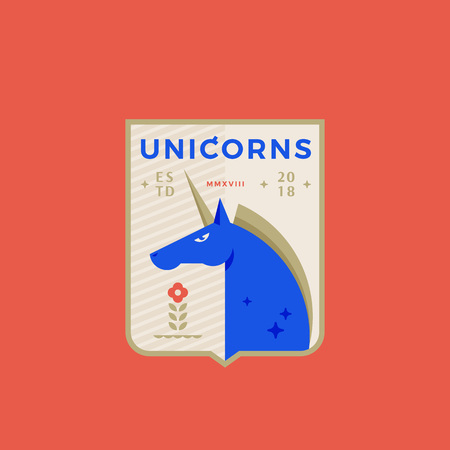 Unicorns Medieval Sports Team Emblem. Abstract Vector Sign, Symbol or Logo Template. Horned Horse in a Shield with Retro Typography.のイラスト素材