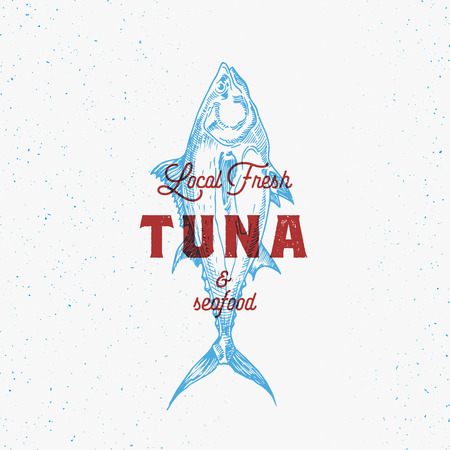 Local Fresh Tuna and Seafood. Abstract Vector Sign, Symbol or Template. Hand Drawn Tuna Fish with Classy Retro Typography. Vintage Vector Emblem with Retro Print Effect.のイラスト素材
