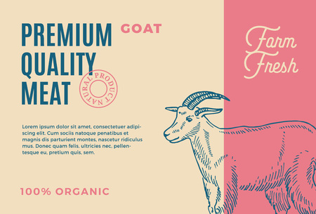 Premium Quality Goat. Abstract Vector Meat Packaging Design or Label. Modern Typography and Hand Drawn Goat Silhouette Background Layoutのイラスト素材