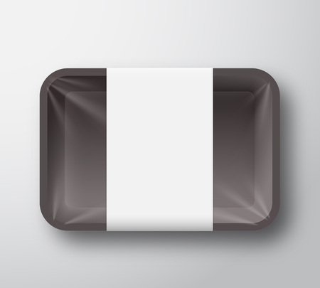 Black Plastic Food Tray Container with Transparent Cellophane Cover and Clear White Label Template. Realistic Packaging Mock Up.のイラスト素材