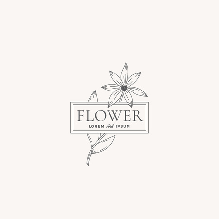 Flower Abstract Vector Sign, Symbol or Logo Template. Retro Flower Illustration with Classy Typography and Gentle Frame. Premium Quality Feminine Emblem.のイラスト素材