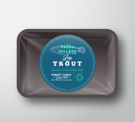 Lake Trout Fillets. Abstract Vector Fish Plastic Tray with Cellophane Cover Packaging Design Round Label or Sticker.のイラスト素材