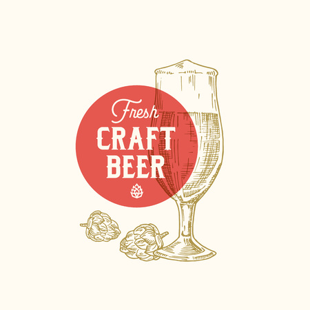 Fresh Craft Beer Abstract Vector Sign, Symbol or Logo Template. Hand Drawn Retro Glass, Hops and Classic Typography. Vintage Beer Emblem or Label.のイラスト素材