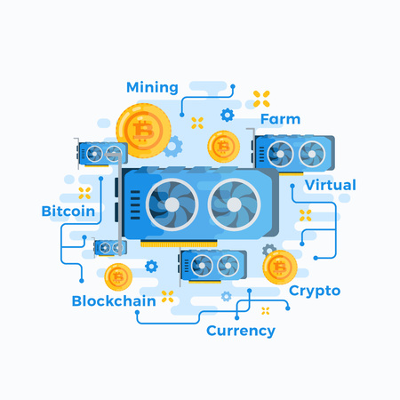 Video Card Abstract Vector Sign, Symbol or Emblem Template. Flat Style Crypto Currency GPU Bitcoin Mining Hardware Illustration. Personal Computer Component Icon.のイラスト素材
