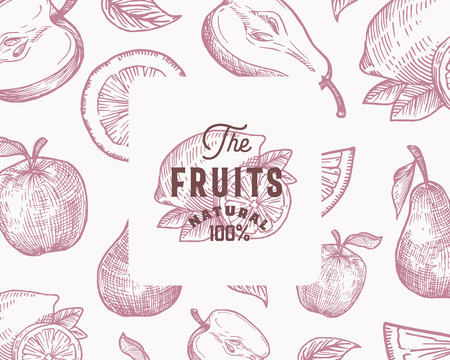 Hand Drawn Oranges, Lemon, Apple and Pear Vector Background Pattern. Abstract Fruits Sketch Card or Cover Template with Classy Retro Typography and Emblem.のイラスト素材