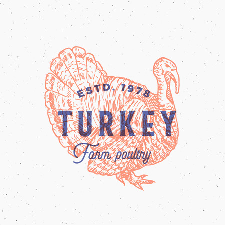 Retro Print Effect Abstract Vector Sign, Symbol or Logo Template. Hand Drawn Turkey Sillhouette Sketch with Typography. Vintage Farm Poultry Products Emblem or Stamp. Isolated.のイラスト素材