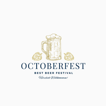 Octoberfest Best Beer Festival Abstract Vector Sign, Symbol or Logo Template. Hand Drawn Beer Mug Sketch with Hops and Classic Typography. Vintage Beer Emblem or Label.のイラスト素材