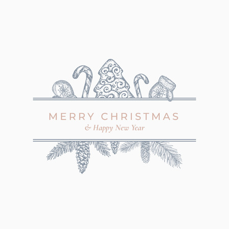 Merry Christmas Greeting Card or Label. Square Frame Banner with Modern Typography and Hand Drawn Holiday Illustrations. Cookie, Candy Canes and Fir-needle Branches with Strobile. Pastel Colors Layoutのイラスト素材