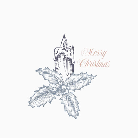 Merry Christmas Greeting Card or Label. Hand Drawn Holiday Illustrations. Holly Branch with Candle. Pastel Colors Layout.のイラスト素材