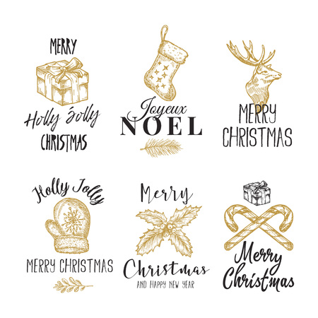 Merry Christmas and Happy New Year Abstract Vector Signs, Labels or  Templates Set. Hand Drawn Deer, Candy Canes, Holly, Gift Box and Sock Sketches with Retro Typography.のイラスト素材
