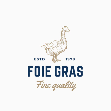 Goose Pate Foie Gras Abstract Vector Sign, Symbol or Logo Template. Hand Drawn Goose Sillhouette Sketch with Retro Typography. Vintage Vector Emblem.のイラスト素材