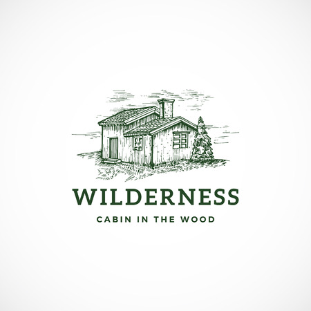 Wilderness Abstract Vector Sign, Symbol or Logo Template. Elegant Cabin in the Wood Drawing Sketch with Classy Retro Typography. Wild View Vintage Emblem.のイラスト素材