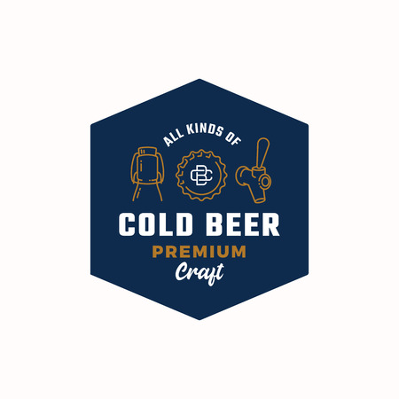 Cold Beer. Abstract Vector Beer Sign, Logo or Badge Template. Growler Bottle, Cap and Beer Tap Icons with Vintage Monogram and Retro Typography.のイラスト素材