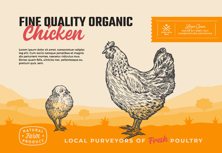 Fine Quality Organic Poultry. Abstract Vector Meat Packaging Design or Label. Modern Typography and Hand Drawn Chicken with Chick Silhouettes. Rural Pasture Landscape Background Layout with Banner.のイラスト素材