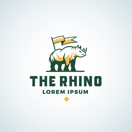 Rhino Abstract Vector Sign, Symbol or Logo Template. Rhinoceros Silhouette with a Flag Icon and Typography. Isolatedのイラスト素材