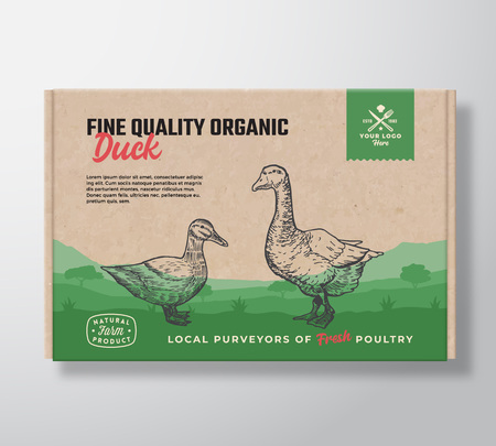 Fine Quality Organic Duck. Vector Meat Packaging Label Design on a Craft Cardboard Box Container. Modern Typography and Hand Drawn Duck and Goose Silhouettes. Rural Pasture Landscape Background Layoutのイラスト素材