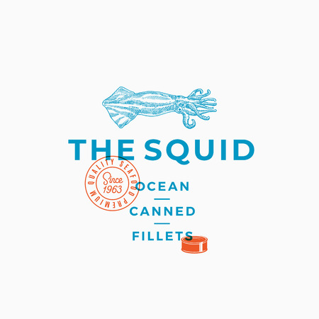 The Squid Ocean Canned Fillets. Abstract Vector Sign, Symbol or Logo Template. Hand Drawn Squid Illustration with Modern Typography. Premium Quality Vector Emblem.のイラスト素材