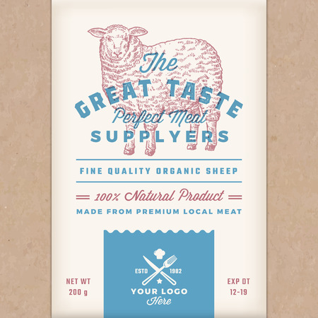 Great Taste Perfect Mutton. Abstract Vector Meat Packaging Design or Label. retro Typography and Hand Drawn Sheep Silhouette. Craft Paper Vintage Background Layout with Print Effectのイラスト素材