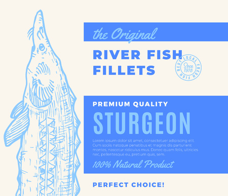 Premium Quality Fish Fillets. Abstract Vector Fish Packaging Design or Label. Modern Typography and Hand Drawn Sturgeon or Beluga Silhouette Background Layoutのイラスト素材