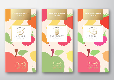 Dried Fruits Label Packaging Design Layout Collection. Abstract Vector Paper Box with Fruit and Berries Pattern Background Cover. Modern Typography and Hand Drawn Apple, Pear and Raspberry.のイラスト素材