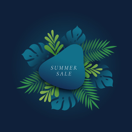 Monstera and Fern Palm Tropical Leaves Summer Sale Card or Banner Template. Abstract Foliage with Gradient and Classic Typography. Seasonal Advertising Layout.のイラスト素材