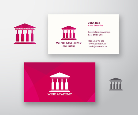Wine Acade Logo and Business Card Template. University or School Building with Wine Bottles Columns. Premium Stationary Realistic Mock Up.のイラスト素材