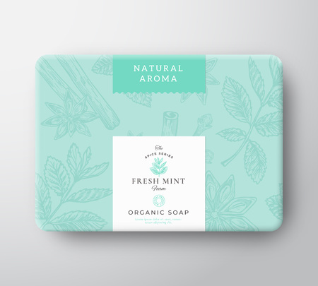 Mint Soap Cardboard Box. Abstract Vector Wrapped Paper Container with Label Cover. Packaging Design. Modern Typography and Hand Drawn Spices Background Pattern Layout.のイラスト素材