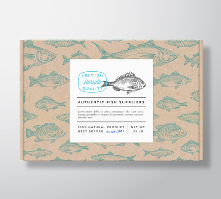 Fish Pattern Realistic Cardboard Box with Banner. Abstract Vector Packaging Design or Label. Modern Typography, Hand Drawn Dorado Silhouette. Craft Paper Background Layout.のイラスト素材