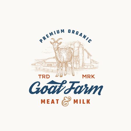 Premium Organic Milk and Meat Farm Retro Badge or Logo Template. Hand Drawn Goat and Farm Landscape Sketch with Retro Typography. Vintage Sketch Emblem.のイラスト素材