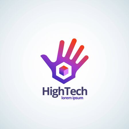 High Technology Absrtract Vector Sign, Symbol or Logo Template. Palm Hand with Cube Gradient Icon with Modern Typography.のイラスト素材