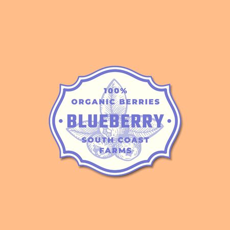 Organic Blueberry Abstract Vector Sign, Symbol or  Template. Blue Berry Sketch Silhouette with Classic Retro Typography in a Frame. Vintage Label, Emblem or Badge.のイラスト素材