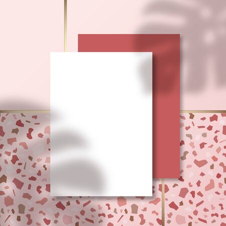 Letterheads on Terrazzo Tile Floor Pattern Background with a Tropical Monstera Palm Leaves Shadow Overlay. Realistic Vector Stationary Mockup Scene with Natural Lighting on Top. Pink Colorsのイラスト素材
