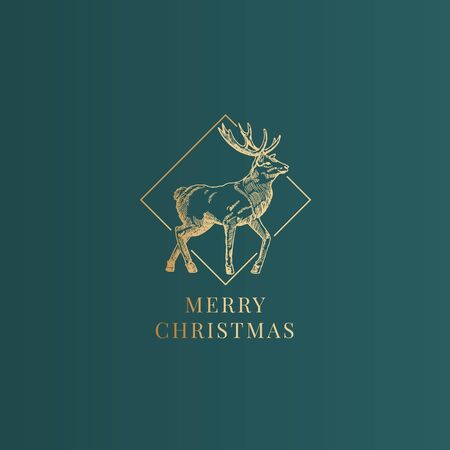 Merry Christmas Abstract Vector Classy Label, Sign or Card Template. Hand Drawn Golden Deer Sketch Illustration with Vintage Typography. Premium Green Backgroundのイラスト素材