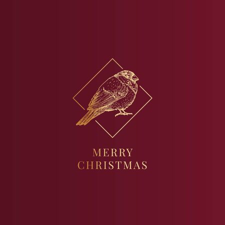 Merry Christmas Abstract Vector Classy Label, Sign or Card Template. Hand Drawn Golden Bullfinch Bird Sketch Illustration with Vintage Typography. Premium Red Backgroundのイラスト素材