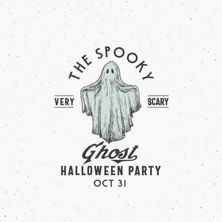 Spooky Ghost Party Halloween or Label Template. Hand Drawn Colorful Ghost Sketch Symbol with Retro Typography. Shabby Textures.のイラスト素材