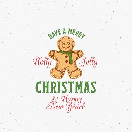 Merry Christmas Abstract Vector Retro Label, Sign or  Template. Colorful Hand Drawn Gingerbread Cookie Man Sketch Illustration with Vintage Typography. Shabby Texture Background.のイラスト素材