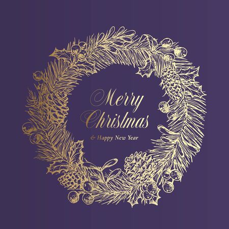 Christmas Greetings Advert Vector Banner Template. Winter Holiday Symbol Doodle Sketch Wreath on Purple Background. Xmas Greetings or Discount Offer in Frame. December Clearance Promo Poster Design.のイラスト素材