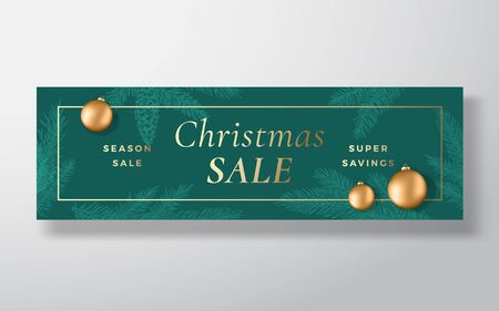 Christmas Sale Abstract Vector Greeting or Holiday Card Background. Banner Size. Green and Gold Gradient and Modern Typography. Realistic Toy Balls, Soft Shadows and Sketch Pine Twigs.のイラスト素材
