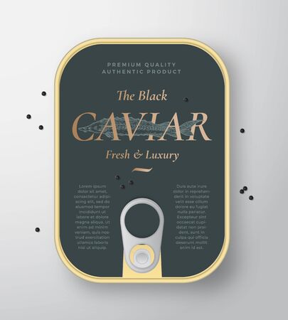 Black Caviar Seafood Vector Can Container with Label Cover Template. Hand Drawn Sturgeon Fish Illustration with Golden Retro Typography and Realistic Caviar Drops. Canned Packaging Design Layout.のイラスト素材