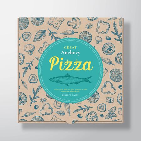Anchovy Fish Pizza Realistic Cardboard Box. Abstract Vector Packaging Design or Label. Modern Typography, Sketch Seamless Pattern of Cheese, Tomato, Sausages. Craft Paper Background Layout.のイラスト素材