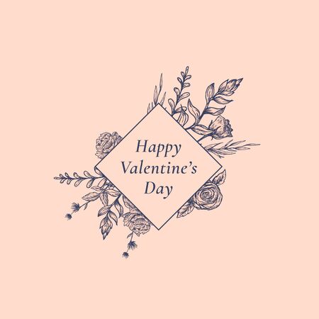 Valentines Day Abstract Botanical Label with Rhombus Frame Floral Banner. Retro Typography. Hand Drawn Rose and Peony Flowers, Leaves Sketches. Grey and Pink Pastel Colors Greeting Layout.のイラスト素材