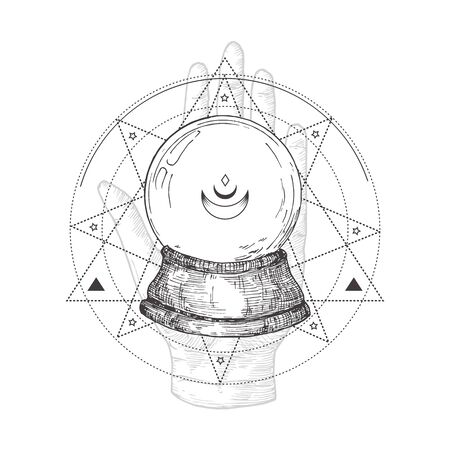 Abstract Occult Symbol, Vintage Style or Tattoo Template. Hand Drawn Crystal Fortune Ball with Palm Hand Sketch Symbol and Geometric Mystical Magic Ornaments and Signs.のイラスト素材