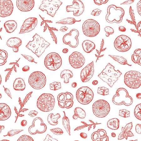 Pizza Ingredients Vector Seamless Background Pattern. Hand Drawn Tomato, Salami, Mushrooms, Cheese and Vegetables Sketches. Food Card, Wrapping, Wallpaper or Cover Templateのイラスト素材