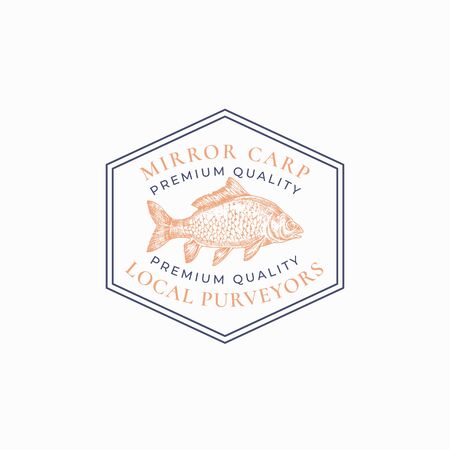 Fish Vintage Frame Badge or Template. Hand Drawn Wild Mirror Carp Sketch Emblem with Retro Typography. Isolated.のイラスト素材