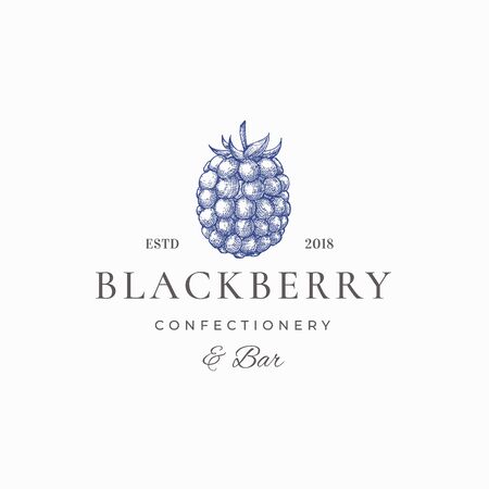 Blackberry Confectionary Abstract Vector Sign, Symbol orTemplate. Hand Drawn Blackberry Sketch Silhouette with Elegant Retro Typography. Vintage Luxury Emblem.のイラスト素材