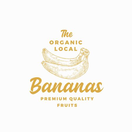 Organic Local Bananas Abstract Vector Sign, Symbol or Template. Hand Drawn Banana Sketch Silhouette with Elegant Retro Typography. Vintage Emblem.のイラスト素材
