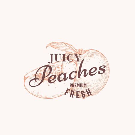 Peaches Abstract Vector Sign, Symbol or Template. Hand Drawn Peach with a Slice and Vintage Typography. Classy Vector Emblem Concept.のイラスト素材