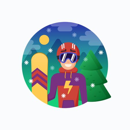 Smiling Snowboarder in Helmet with Snowboard. Vector Flat Style Illustration with Mountains and Pine Snowy Background. Skiing Instructor or Guide. Outdoor Action Sports Icon or Banner.のイラスト素材
