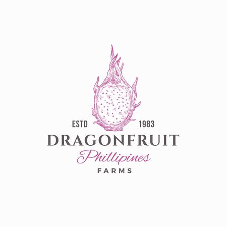 Dragon Fruit Farms Abstract Vector Sign, Symbol or   Template. Hand Drawn Sketch Dragon Fruit with Retro Typography. Vintage Luxury Emblem.のイラスト素材