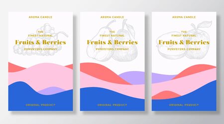 Aroma candle vector labels template bundle. Fruits and berries scent from local purveyors advert design. Sketch background layout with abstract waves decor. Natural smell product package text space.のイラスト素材